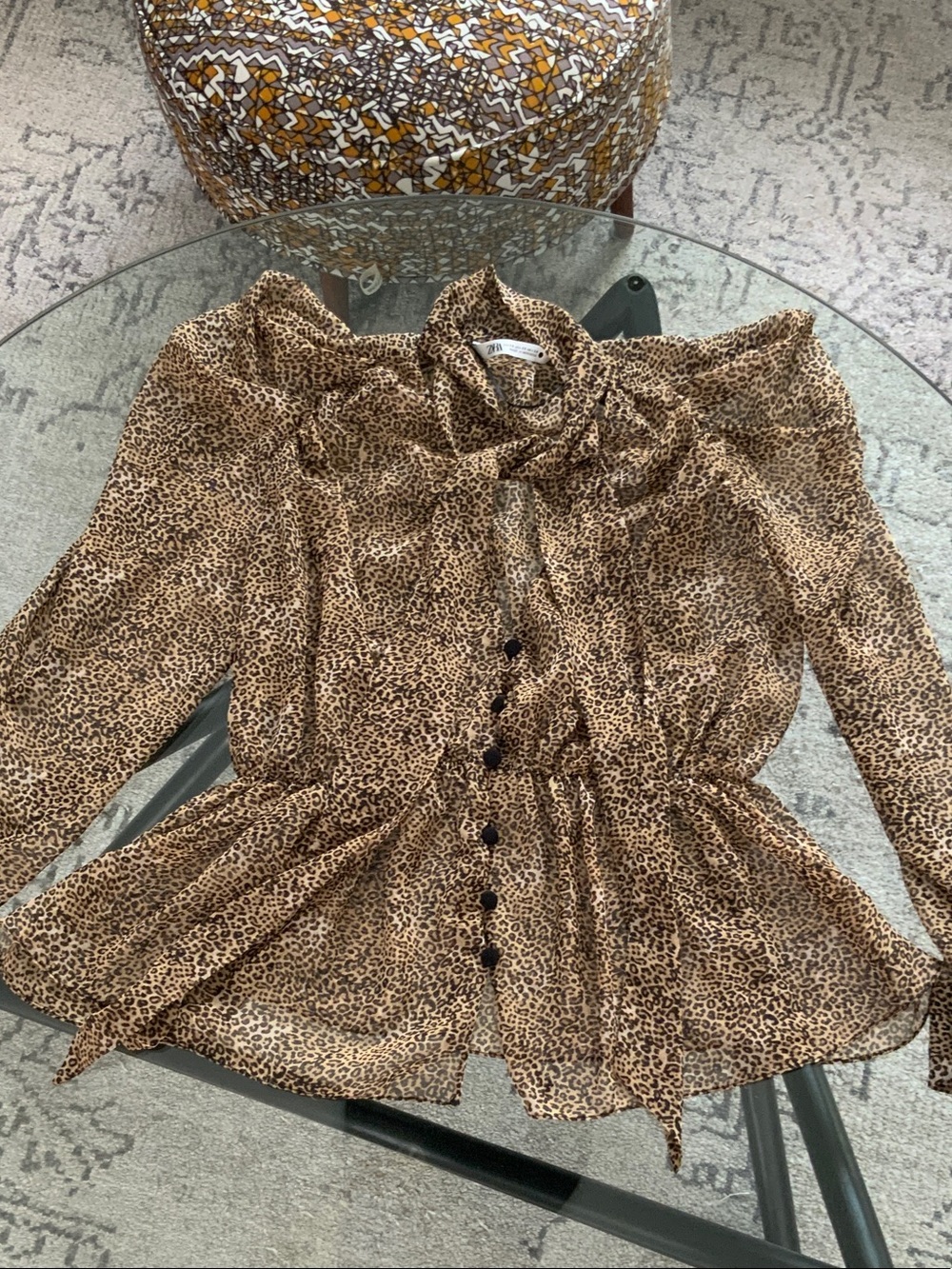 Zara Brown Leopard Print Puff Sleeve Blouse XS
